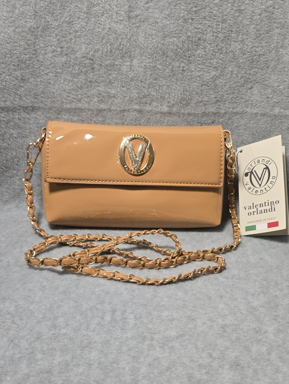 Valentino Orlandi Nude Patent Crossbody with Gold Chain